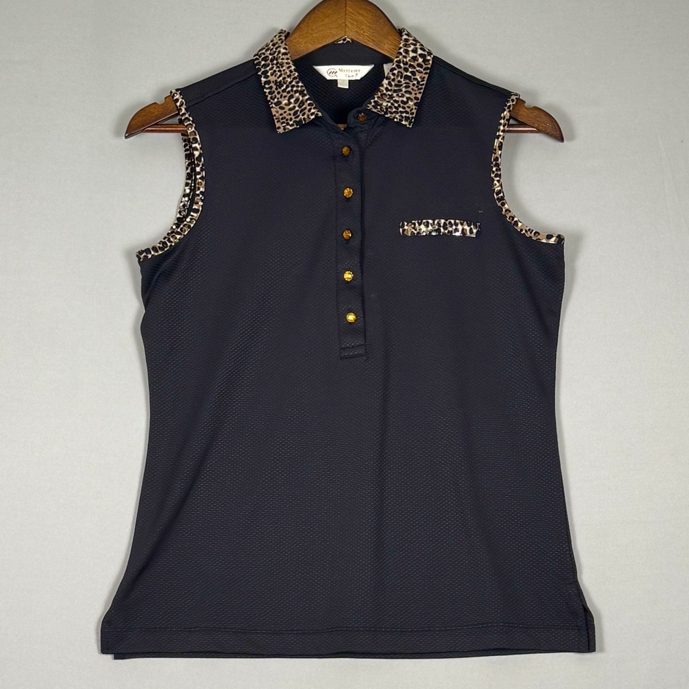 Monterey Club Polo Women Small Black NWOT Leopard Trim Sequin Golf Shirt